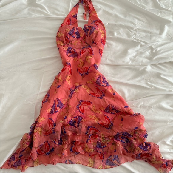 Vintage Orange Pink Asymmetrical Halter Sundress - Picture 4 of 8